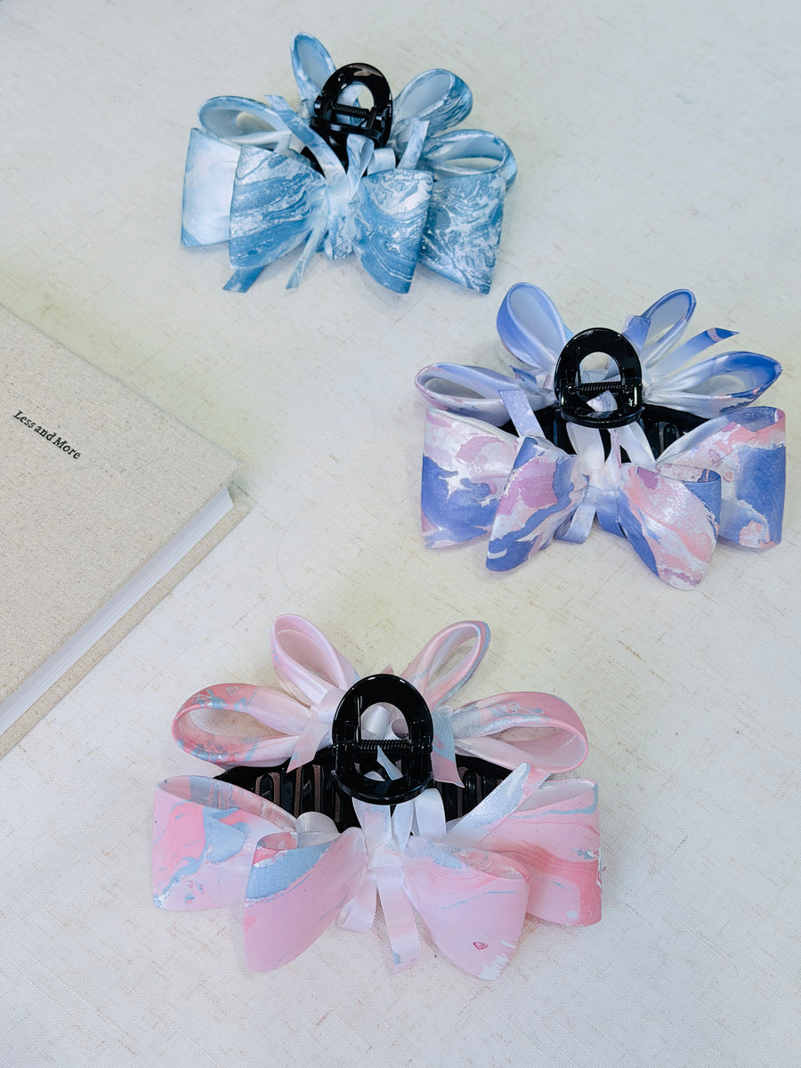Marbled Satin Bow Claw Clip